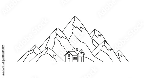 Simple line art illustration of a cozy house nestled in front of a majestic mountain range represents peaceful living and scenic landscapes.