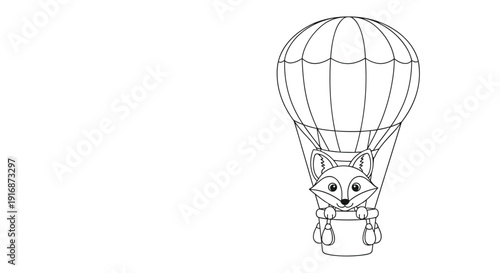 Friendly fox character sitting inside a hot air balloon basket provides a charming and adventurous line art illustration for coloring books.