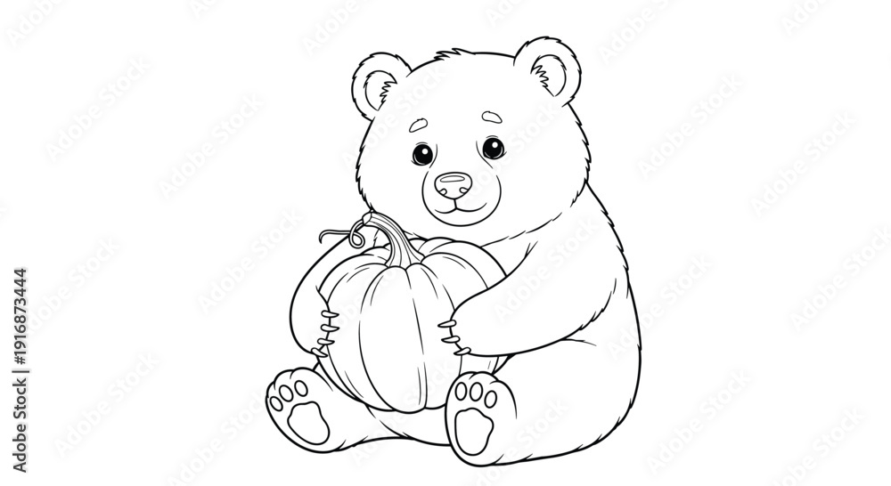 Obraz premium Cute teddy bear character sitting and hugging a large autumn pumpkin for a kids halloween coloring book activity page.