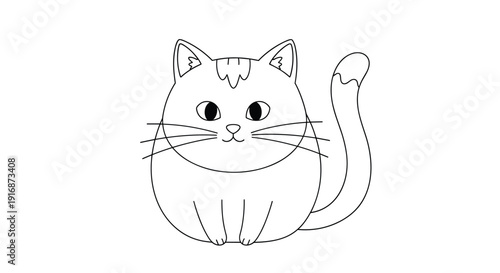 Simple outline drawing of a chubby cute domestic cat sitting for children coloring book activity on white background.
