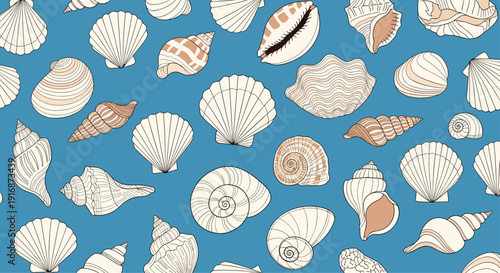 Nautical seamless pattern with different types of seashells and mollusks on a blue ocean background for summer holiday design.