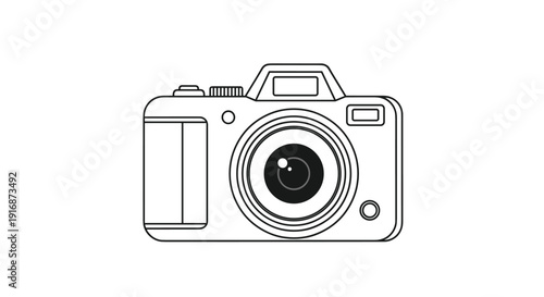 Minimalist line art illustration of a modern digital camera with lens and flash on a plain white background for design.