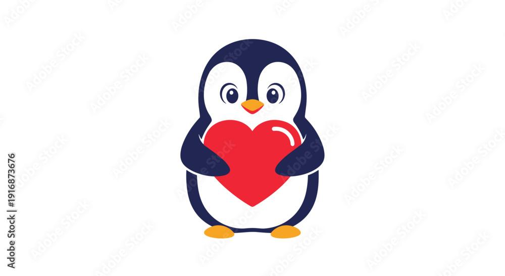 Obraz premium Sweet little penguin holding a large red heart against a white background conveys messages of love and affection.