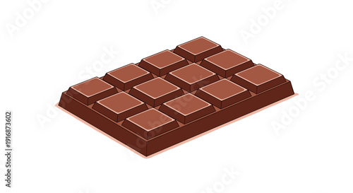 Tasty chocolate bar divided into rectangular blocks shown in an isometric view represents sweetness and dessert treats.
