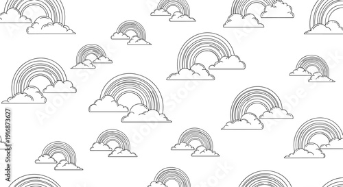 Minimalist line art pattern of rainbows and clouds creates a calm and stylish seamless background for nursery designs.
