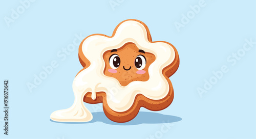 Sweet gingerbread star cookie with happy smiling face and white icing is perfect for Christmas and holiday baking art.