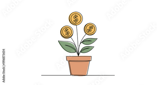 Financial growth concept shown as a plant with dollar coins instead of leaves in a simple one line drawing style.