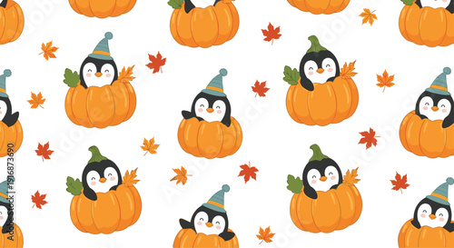 Seamless pattern of cute penguins sitting inside pumpkins surrounded by autumn leaves celebrates the fall season.