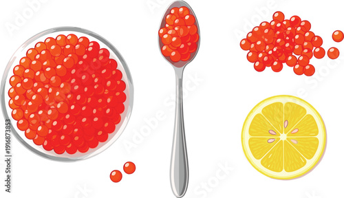 Red Caviar Vector Set with Salmon Roe in Bowl Spoon and Lemon Slice for Gourmet Seafood Restaurant Menu Design