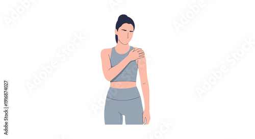 A young woman in sportswear holding her painful right shoulder, experiencing discomfort or injury.