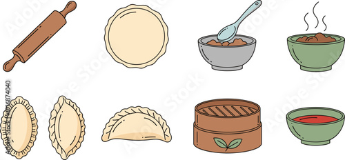 Set of traditional dumpling preparation icons featuring dough, rolling pin, steamer basket, dipping sauce, and bowls of meat filling isolated on white.