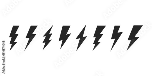 Collection of eight stylized black lightning bolt graphic elements arranged horizontally on a white background