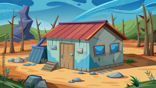 Cartoon vector illustration of a small metal sheet house in a poor area with simple ground and flat minimal design