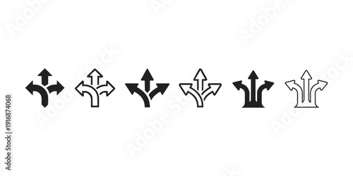 Collection of graphic symbols representing branching pathways and directional choices with different arrow styles