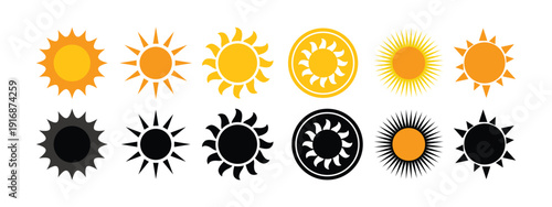 Fire icon set with sun and flames illustration summer design vector collection