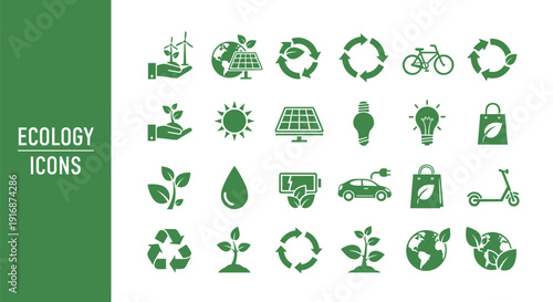 A collection of green ecology icons on a white background