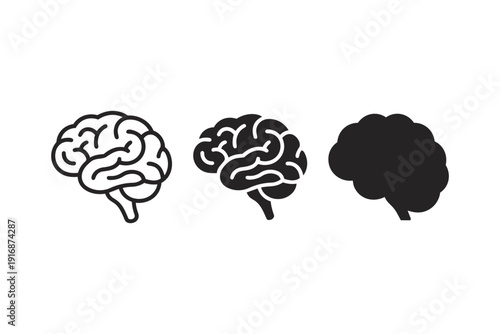Three different styles of human brain outline and solid icons representing thought and intelligence