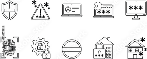 Cyber security and data protection line icons set with shield, password, fingerprint, lock, secure login and antivirus symbols isolated on light background
