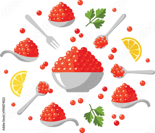 Red Caviar Seafood Vector Composition with Spoons Bowl Lemon and Parsley for Gourmet Restaurant Menu Food Design