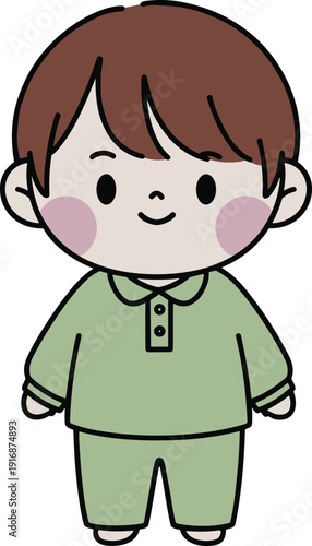 "Cartoon child illustration in green outfit with cute round face, minimalistic design for children’s media, educational materials, playful character artwork"