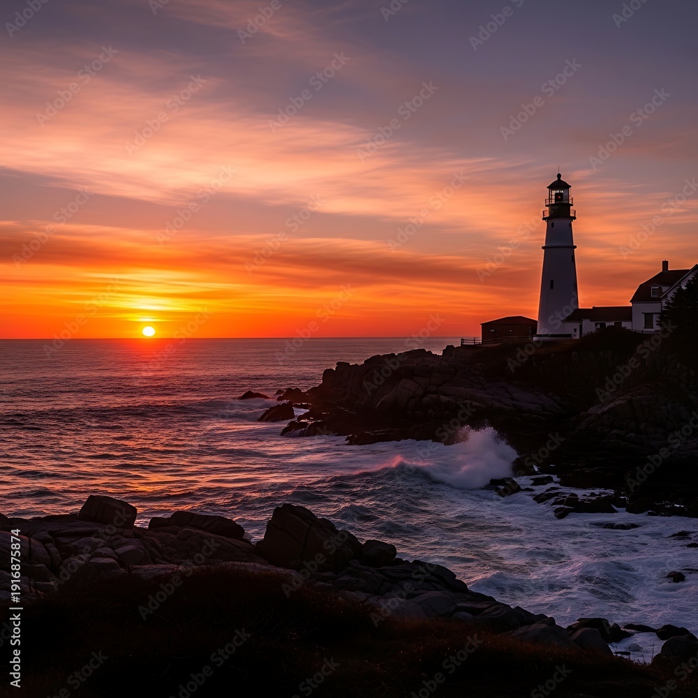 Fototapeta premium Lighthouse on rocky coastline at sunset.