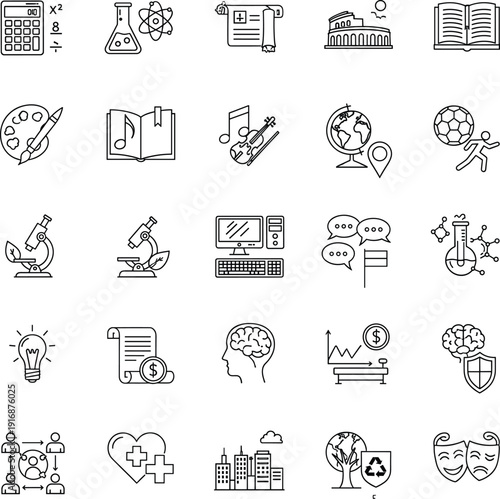 Education subject icons set, science, math, arts, literature, music, sports, technology, geography, health, history, theater, global learning, knowledge