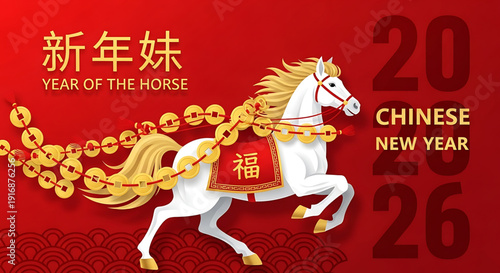 Chinese New Year 2026 Vector Illustration Set – Year of the Horse, Traditional Decorations, Greeting Cards and Seasonal Elements	