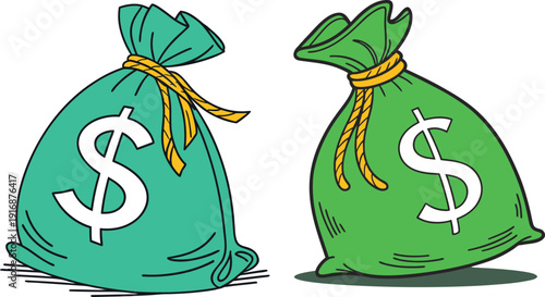 Flat vector illustration of a green money bag with dollar symbol surrounded by stacked gold coins on blue background. Concept of savings, wealth, profit, investment, and financial growth.