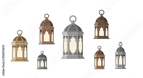 A collection of ornate metallic Arabic lanterns of varying sizes and colors is arranged on a white background.
