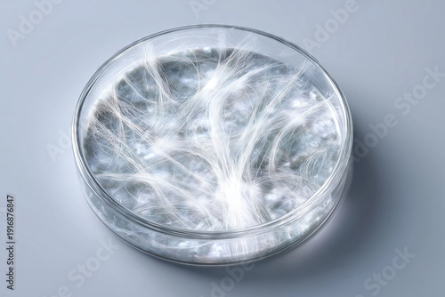 Intricate gel threads dance in a glass petri dish capturing nature's beauty