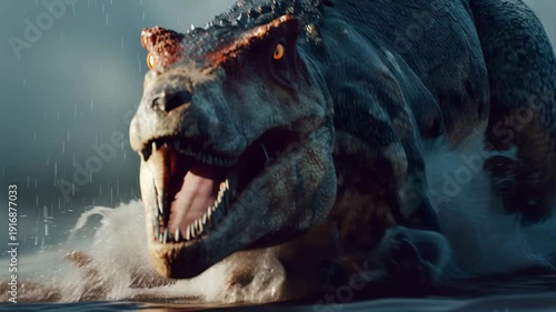 4K Powerful spinosaurus dinosaur emerging from water with dramatic splashes and intense gaze, prehistoric predator in action video