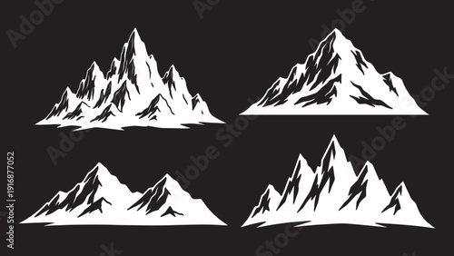 set of white mountain silhouettes on black background