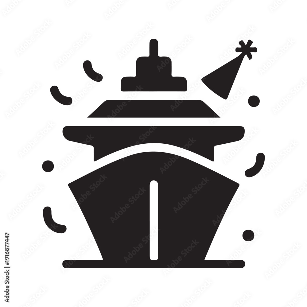 Obraz premium Celebratory cruise ship icon with party hat and confetti bubbles around