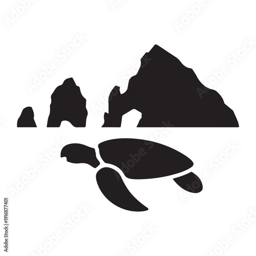 Black silhouette turtle swimming near rocky island coastline illustration