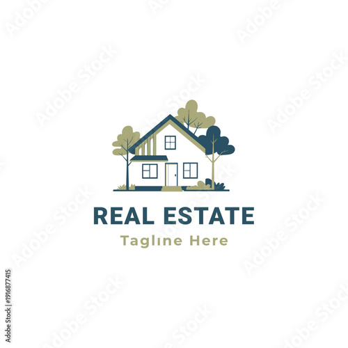 Real Estate Logo Template with House and Garden – Blue Green Property Agency Branding Design, House with Garden Residential Property Emblem