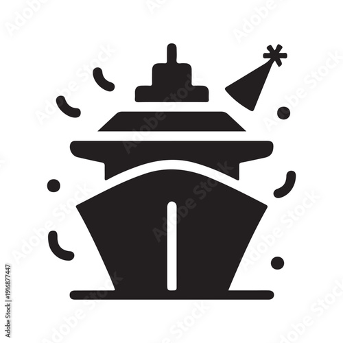 Celebratory cruise ship icon with party hat and confetti bubbles around