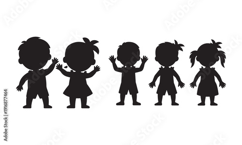 Five cartoon children silhouettes waving hands isolated graphic illustration design