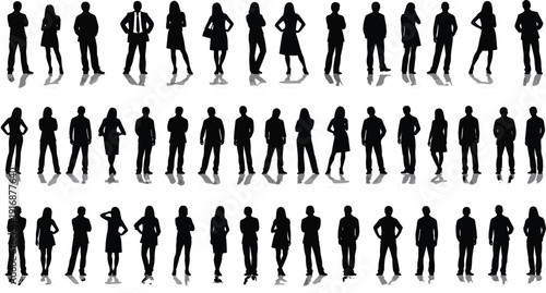 Large collection of black people silhouettes standing in various poses with shadows isolated on white background for business, community, and urban crowd design.