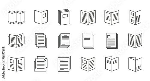 Collection of Document and Book Icons in Outline Style.