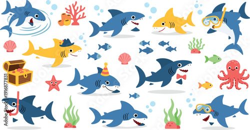 Cute Shark Cartoon Vector Set with Underwater Sea Animals Treasure Chest Coral and Fish for Kids Marine Life Design