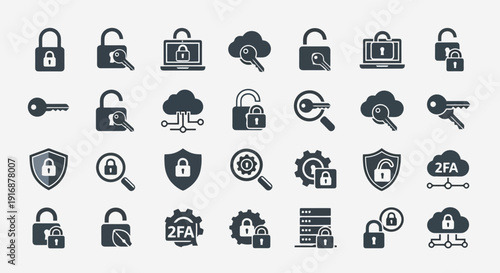 Security Icons Collection Featuring Locks Shields Keys and Technology.
