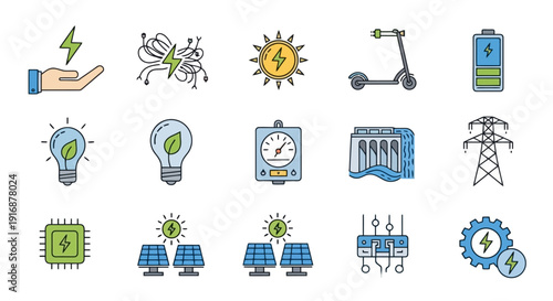 Set of icons representing renewable energy and technology concepts.