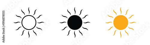 Stylized sun symbol with bold black outline and solid fill, representing brightness, positivity, and daytime energy. Modern and minimal graphic, isolated on white background. Free Vector