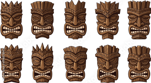 Collection of traditional wooden Tiki masks with various expressions isolated on white background for tropical summer parties, Hawaiian luau, and tribal decorations.