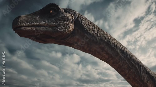 4K Detailed closeup of a majestic longnecked dinosaurs head and neck against a dramatic cloudy sky, prehistoric creature from an ancient world video