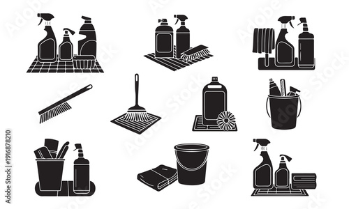 Collection of various cleaning supplies and tools for household chores and maintenance tasks  brooms mops buckets sprays