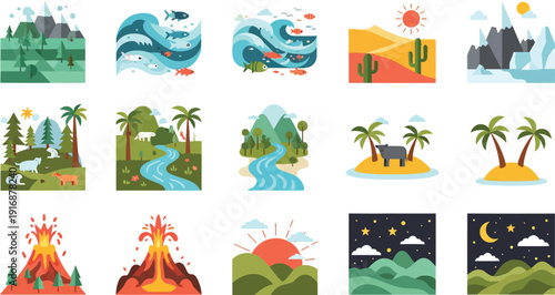 Collection of various landscapes and natural scenery illustrations