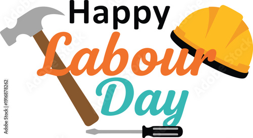 Happy Labour Day celebration with hammer and hard hat on white background