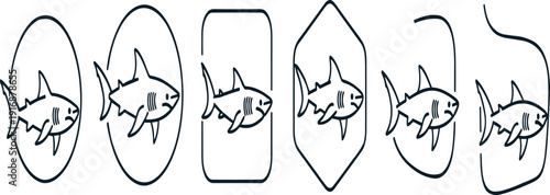Shark Logo Frame Vector Set with Line Art Marine Predator Emblems for Badge Branding Tattoo and Nautical Design