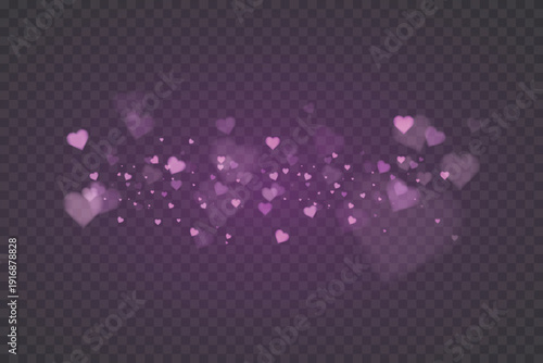 Romantic pink hearts bokeh and sparkles horizontal trail on transparent background. Perfect for Valentine’s Day posters, wedding invitations, love greeting cards, social media stories, romantic